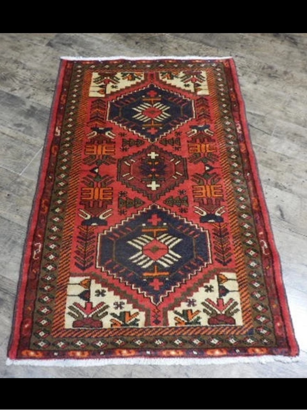 Vintage Red and Navy Geometric Wool Rug